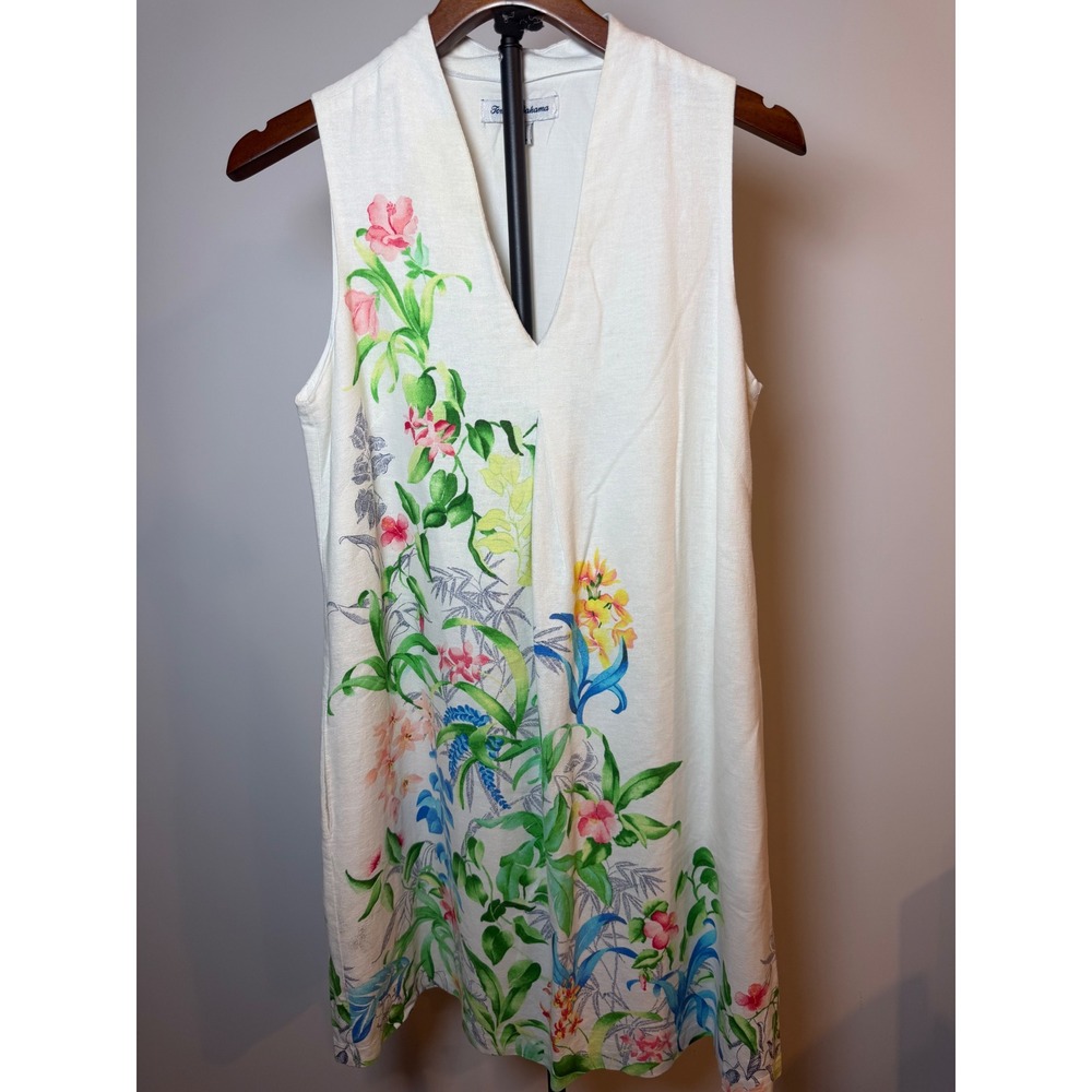 Tommy Bahama Womens White Floral Linen Blend V-Neck Sleeveless Shift Dress S
